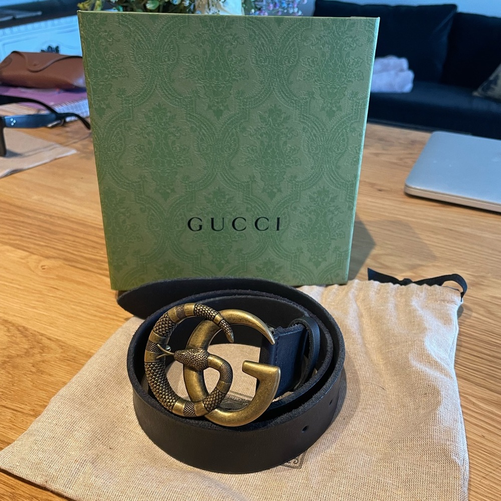 Leather Gucci Belt with Snake Double G Buckle - 80 cm